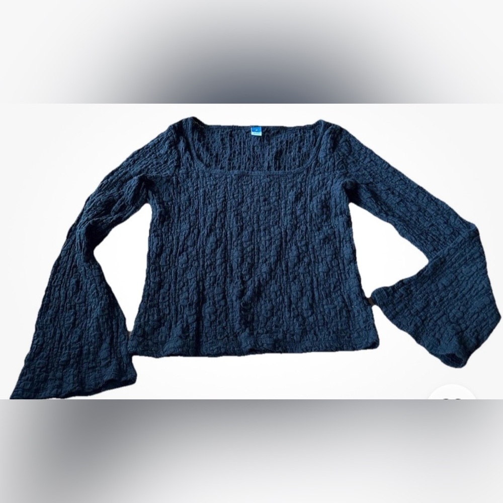 Old Navy Black Lace Sheer Boho Top Stretch Shirt Elegant Sexy XL Open Neck